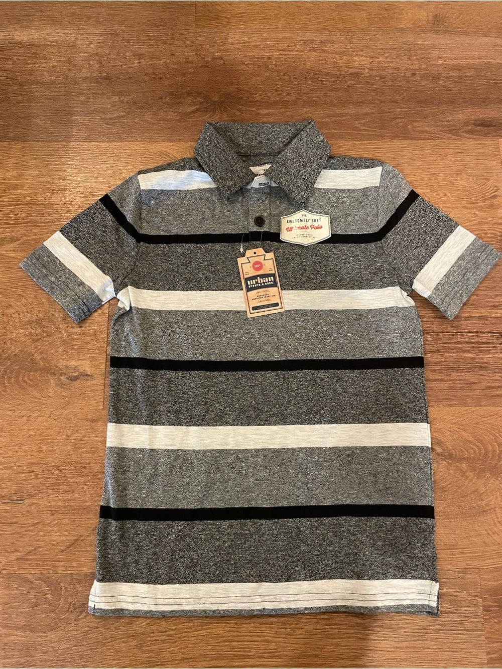 Urban Pipeline NWT Boys S “The Awesomely Soft Ultimate Polo” Shirt Gray Striped
